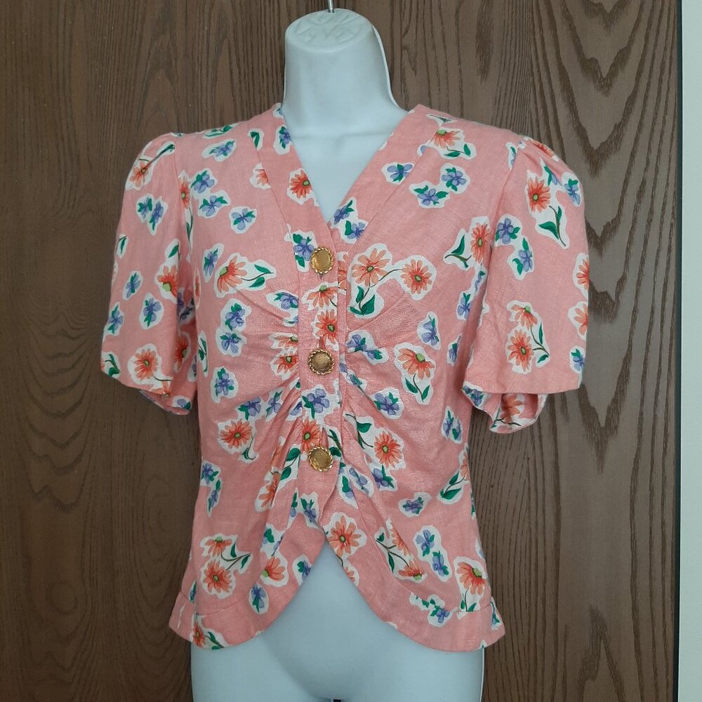 Vintage Rickie Freeman Teri Jon Linen Pink Floral Top Size 4 Gold Buttons